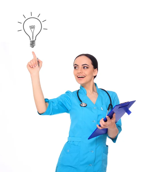 Medical doctor woman presenting and showing copy space for produ — Stock Photo, Image