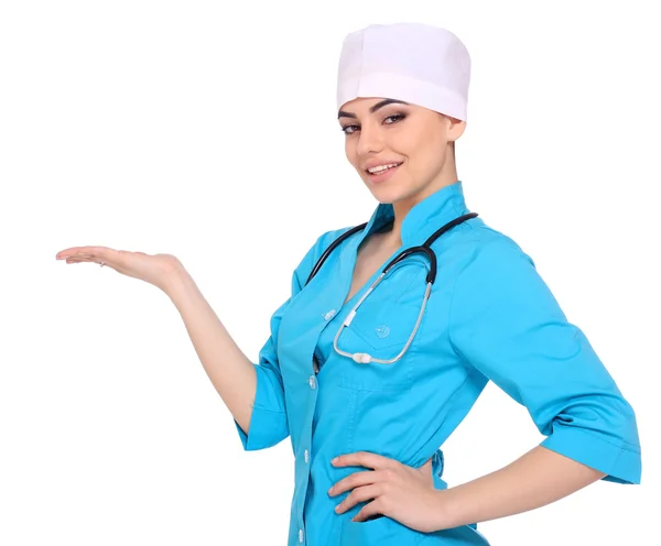 Médico médico mujer presentando y mostrando espacio de copia para produ — Foto de Stock