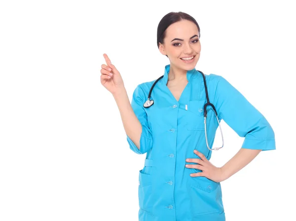 Medical doctor woman presenting and showing copy space for produ — Stock Photo, Image