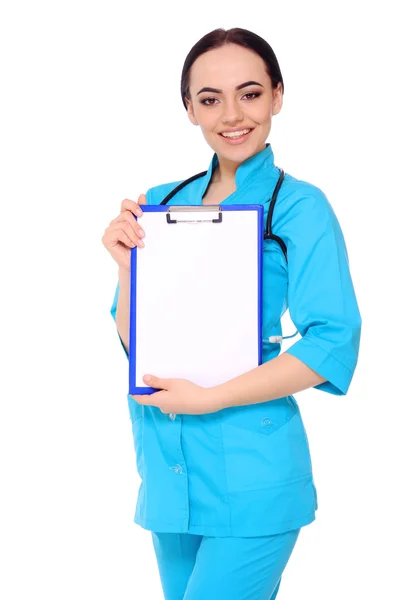 Medical doctor woman show empty blank clipboard — Stock Photo, Image