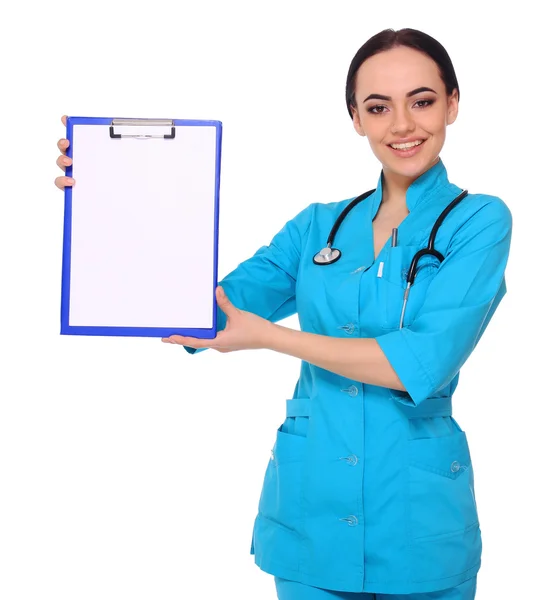 Medico medico donna mostra vuoto appunti vuoti — Foto Stock