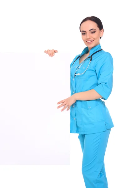 Médico médico mujer mostrar vacío en blanco — Foto de Stock