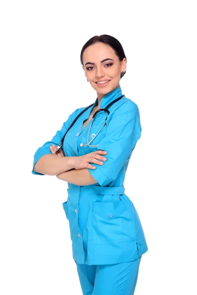 Retrato de la joven y feliz doctora de pie — Foto de Stock