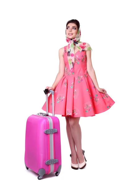 PinUp сексуальна дівчина з рожевою валізою . — стокове фото