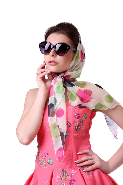 Pinup sexig tjej med rosa resväska. — Stockfoto