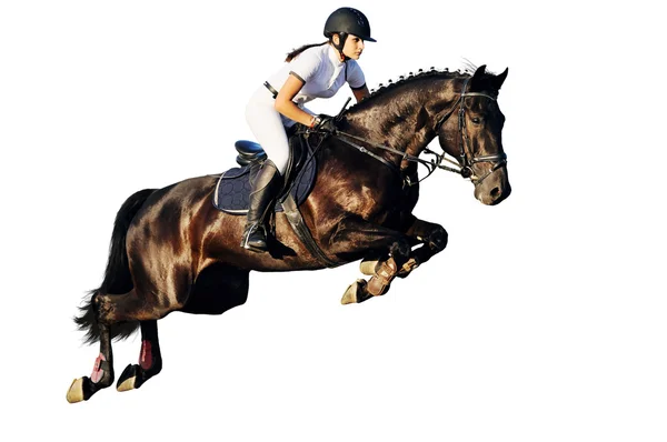 Atlama şovundaki genç sürücü, beyaz arka planda izole edilmiş.