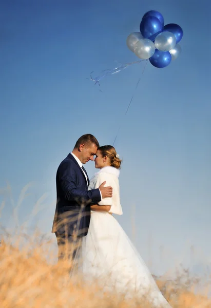 Bröllop. Bruden och brudgummen mot blå himmel med ballonger — Stockfoto