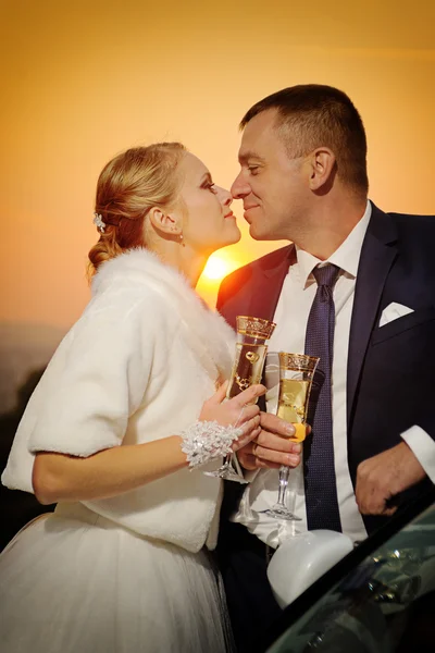 Bruiloft. Bruid en bruidegom kussen bij zonsondergang — Stockfoto