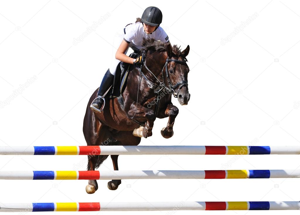 Equestrianism: Young girl in jumping show, isolated on white background