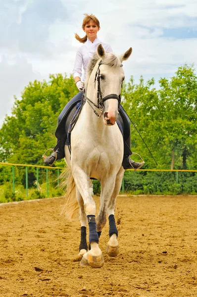 Menina no cavalo curativo branco — Fotografia de Stock