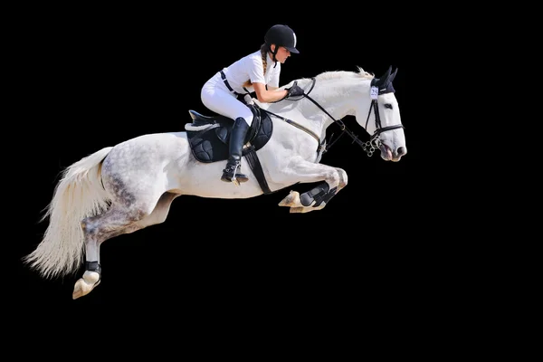 Sport equestre: giovane ragazza in salto spettacolo (isolato su nero ) — Foto Stock