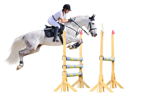 Atlı spor: (üzerinde beyaz izole gösteri atlama içinde genç kız)