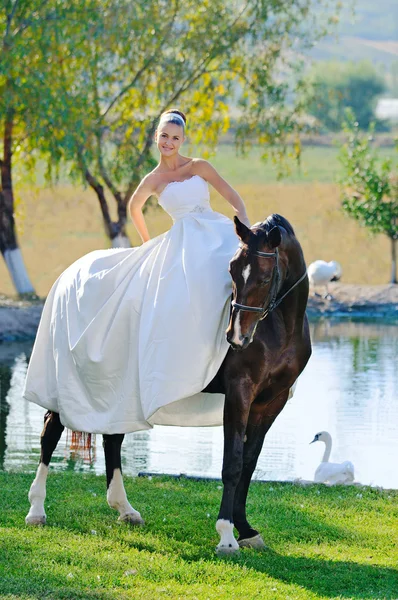 Retrato de noiva bonita com cavalo — Fotografia de Stock
