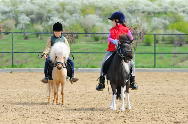 Jongen en meisje rijden op een pony — Stockfoto