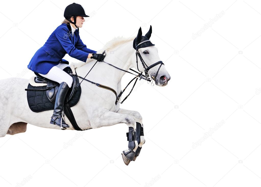 Equestrian sport: young girl in jumping show (isolated on white)
