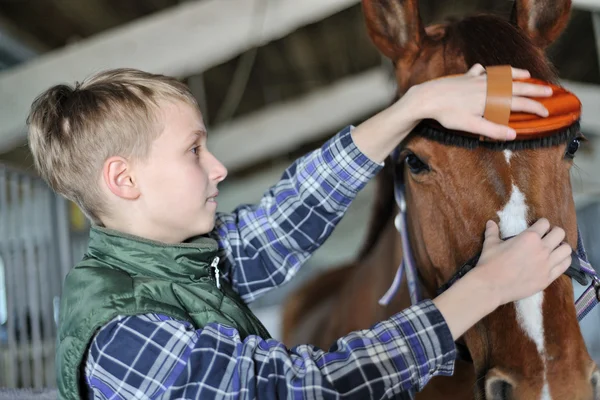 Fiatal fiú van grooming a ló — Stock Fotó