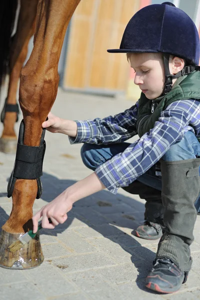 Boy cleans a hoof of horse — Stock Photo, Image