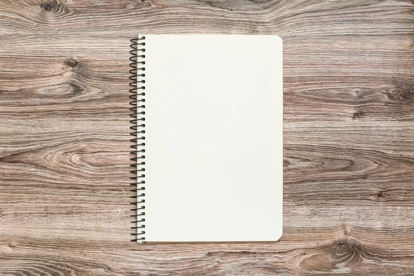 Mockup of open notepad with blank page on wooden background. — Stock Photo, Image