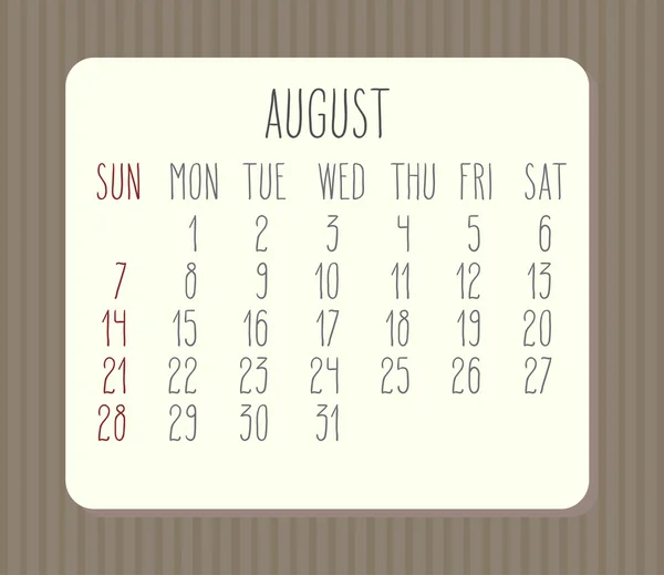 Calendrier mensuel août 2016 — Image vectorielle