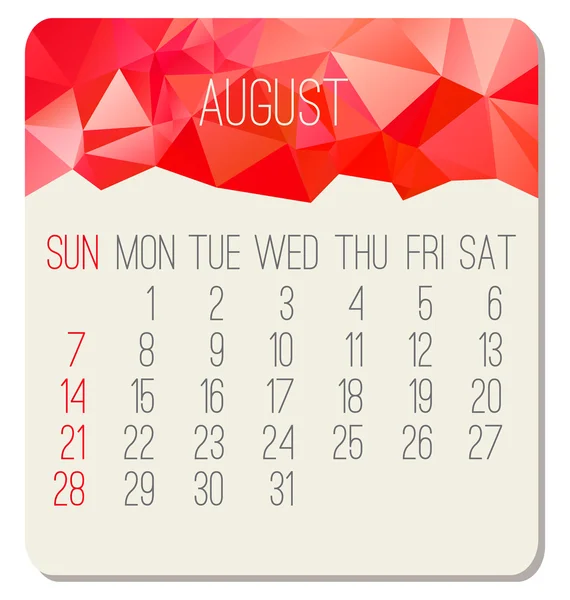 Calendario mensual agosto 2016 — Archivo Imágenes Vectoriales