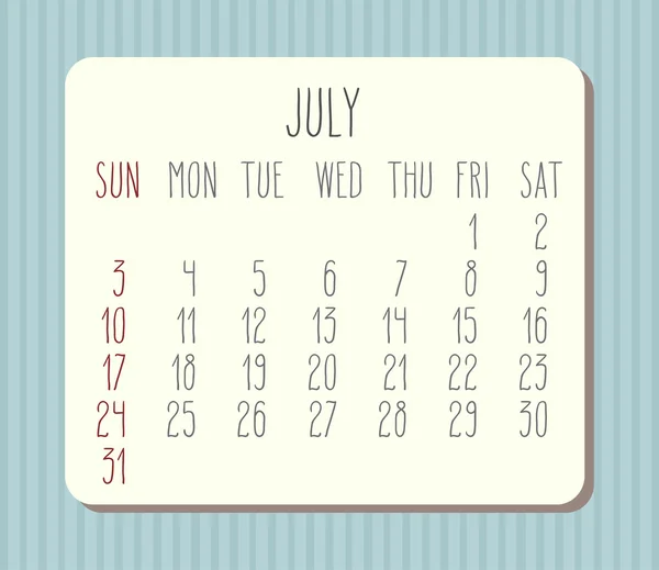 Juli 2016 maandkalender — Stockvector