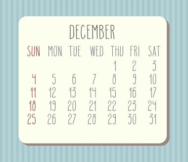 Aralık 2016 aylık takvim