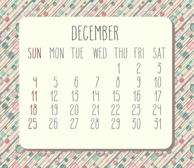 Aralık 2016 aylık takvim