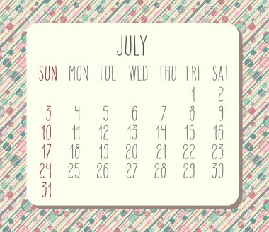 Temmuz 2016 aylık takvim