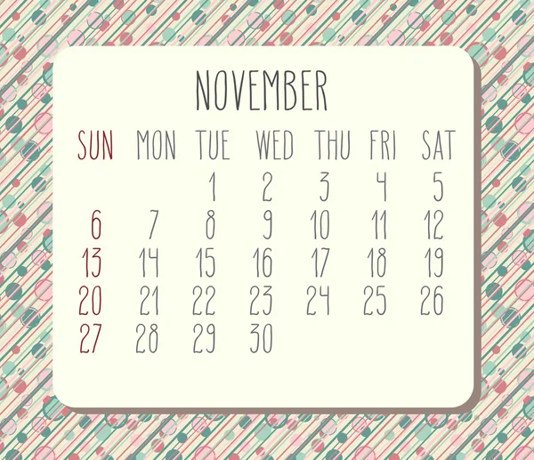 November 2016 monatlicher Kalender — Stockvektor