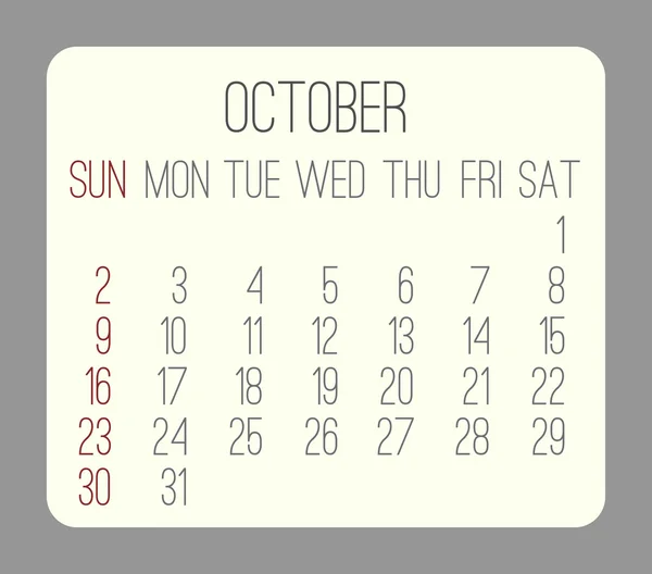 Octubre 2016 calendario mensual — Archivo Imágenes Vectoriales