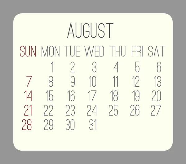 Sierpnia 2016 kalendarza miesięcznego — Wektor stockowy