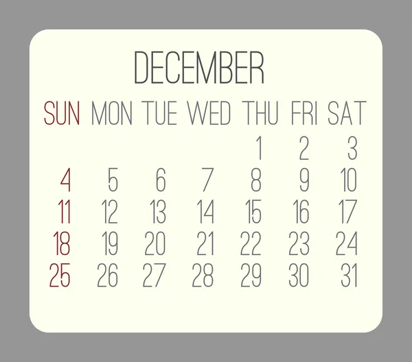 Dicembre 2016 calendario mensile — Vettoriale Stock