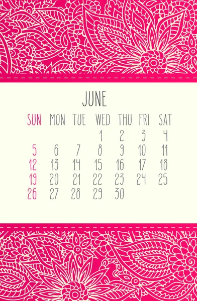 Junho 2016 calendário — Vetor de Stock