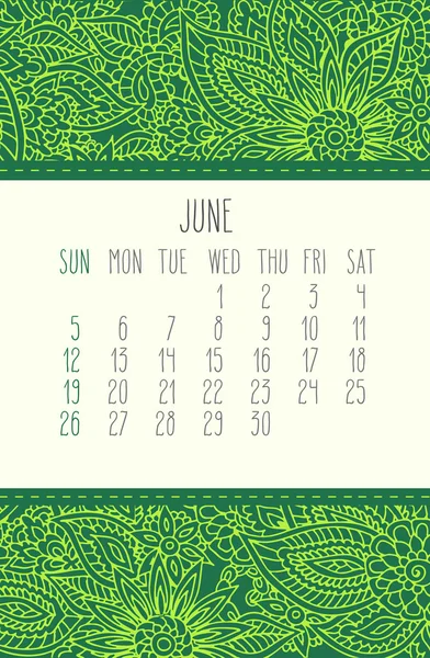 Červen 2016 kalendář — Stockový vektor