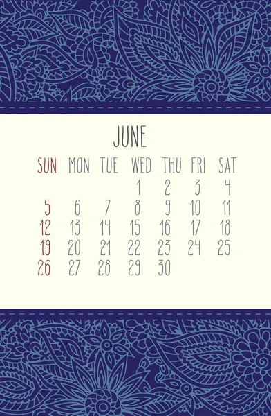 Ιουνίου 2016 ημερολόγιο — Διανυσματικό Αρχείο