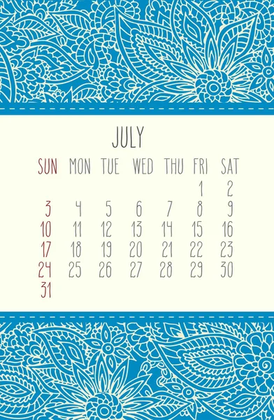 Calendario di luglio 2016 — Vettoriale Stock