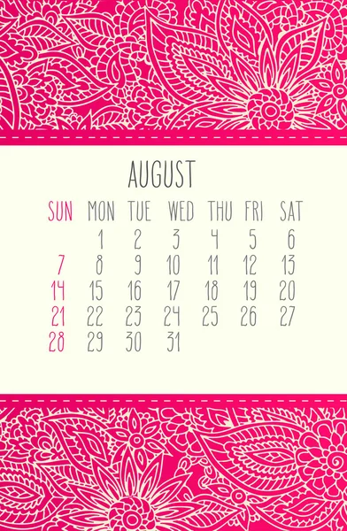 Calendario di agosto 2016 — Vettoriale Stock