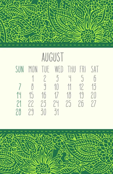 Calendario agosto 2016 — Vector de stock