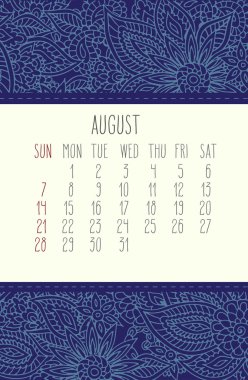 Ağustos 2016 takvim