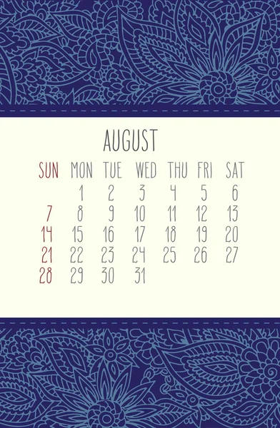 Kalender August 2016 — Stockvektor