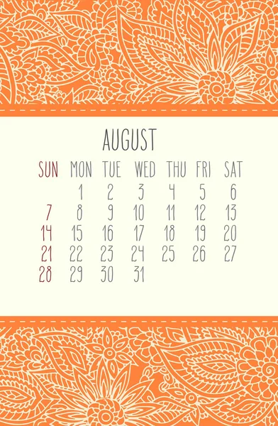 Calendário de agosto 2016 — Vetor de Stock