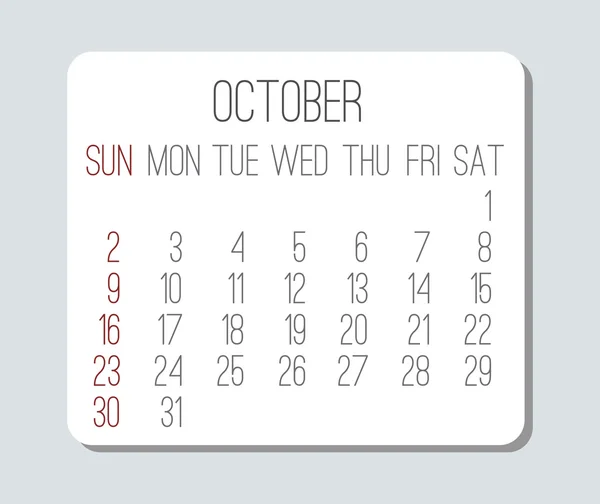 Oktober 2016 monatlicher Kalender — Stockvektor