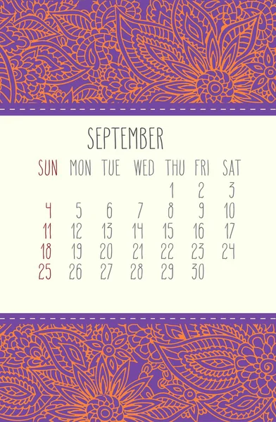 September 2016 monthly calendar — Stock Vector