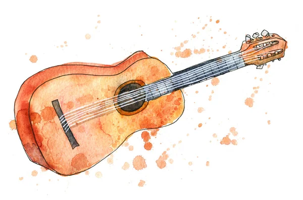 Acoustic guitar watercolor sketch isolated over white background. Drawing of a musical instrument with paint grunge splatter.