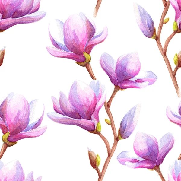 Handgetekende Aquarel Naadloze Patroon Illustratie Van Magnolia Takken Met Roze — Stockfoto