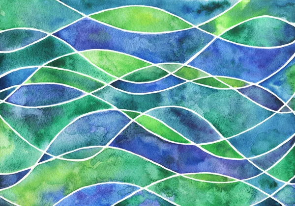 Αφηρημένη Χέρι Ζωγραφισμένα Μπλε Και Πράσινα Κύματα Ζωγραφική Ακουαρέλα Τέχνη — Φωτογραφία Αρχείου