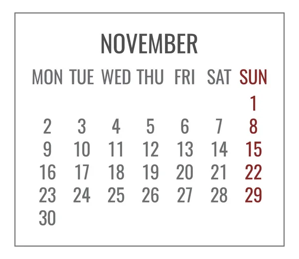 November Jahr 2020 Vektormonat Schlicht Minimalistischen Weißen Kalender Woche Montag — Stockvektor