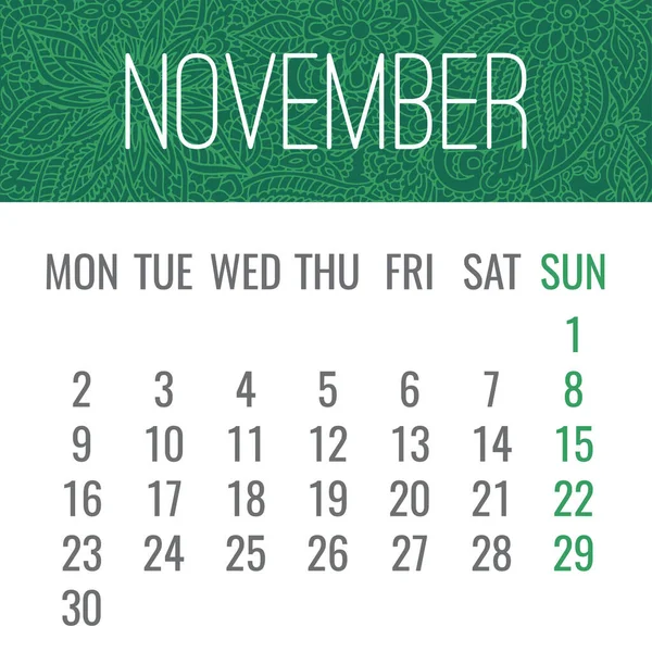 Noviembre Año 2020 Vector Calendario Mensual Con Encaje Garabato Adornado — Vector de stock