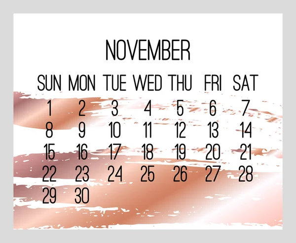 November Jahr 2020 Vektor Monatlicher Moderner Kalender Zeitgenössisches Roségoldenes Pinselstrich — Stockvektor