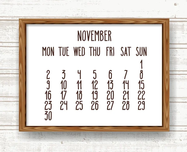 November Year 2020 Vector Monthly Calendar Hand Drawn Text Wooden — Stock Vector